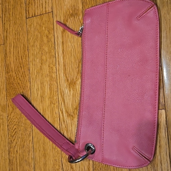 Pink Leather Wristlet w Unique Ring Strap, Front Pocket + Zipper Top - Picture 8 of 12